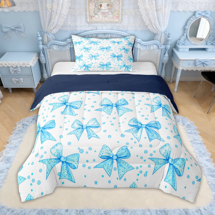 Erosebridal Kawaii Polka Dot Bow Twin Comforter Sets for Girls, Blue Ribbon Bedding Set for Kids, Blue Reversible, 2-Piece