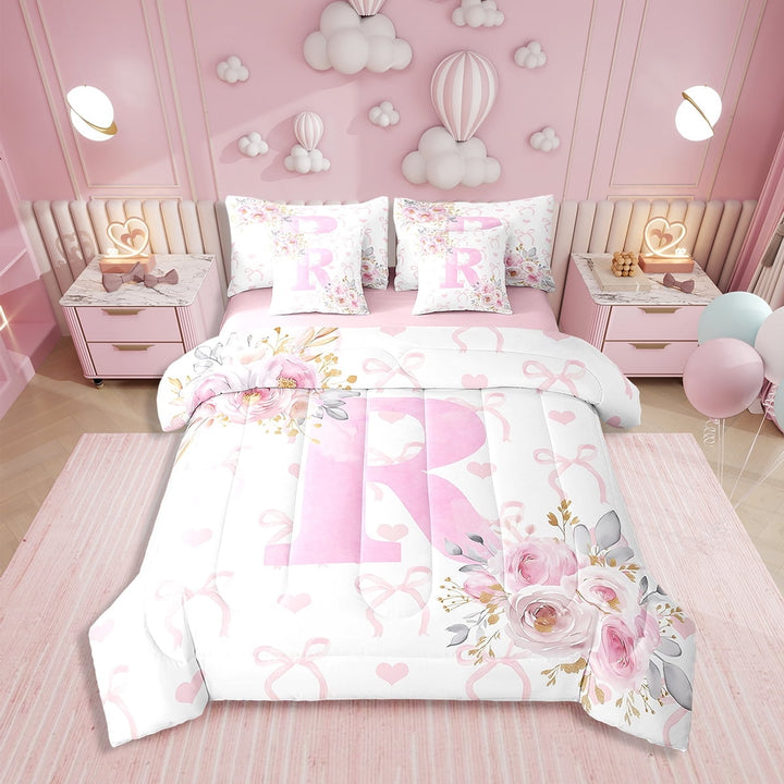 Erosebridal Pink Rose Bedding Twin Size, Initial R Letter Bed in a Bag Twin size, Cartoon Decor, Reversible 7 Pieces