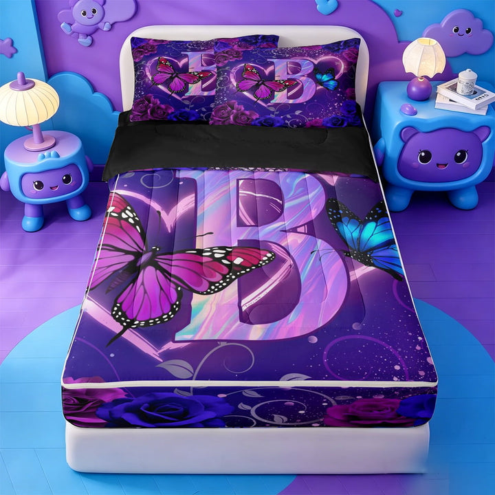meiyoeat Heart Initial B Zipper Twin Comforter Sets With Fitted Sheet And 2 Pillowcases,Purple Butterfly Flower Blossom Zipper Bedding Set For Girl,Black Reversible,4 Pieces
