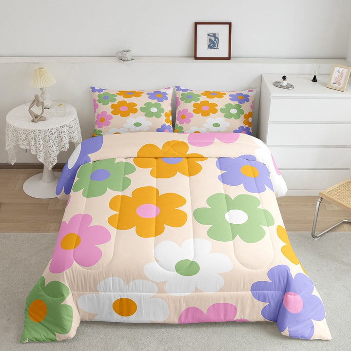 Erosebridal 70s Groovy Down Comforter Set,Retro Daisy Flowers Duvet Quilt Set Soft Bed Collection,Rustic Farmhouse Style Colorful Bedding Comforter Bedroom