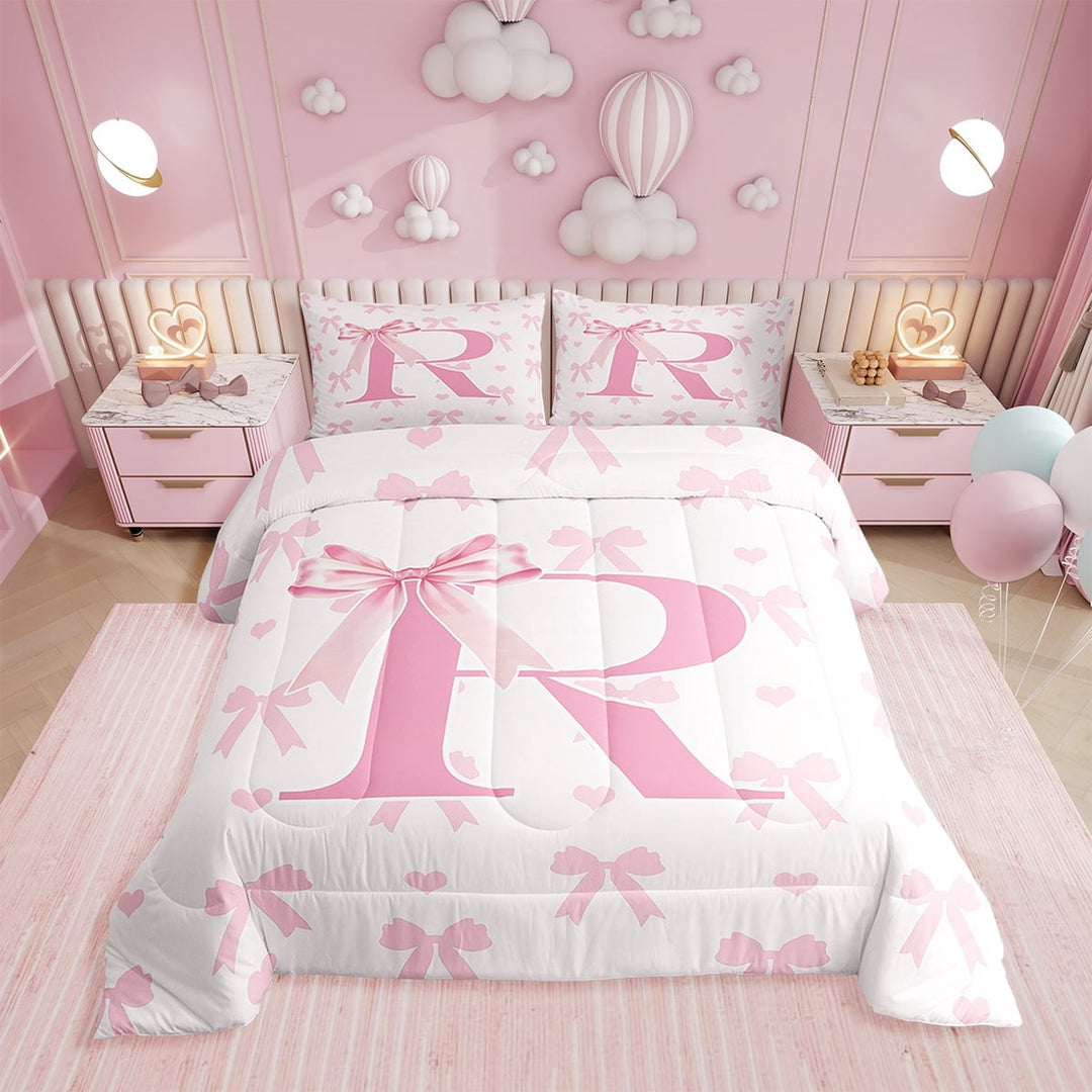 Initial Letter R Comforter Set Full Size 3 Pcs,Princess Style Pink Bowknot Girly Romantic Bedding Set,Dreamy Bow Love Hearts Kawaii Pink Quilt Set for Teens Bedroom,2 Pillowcases