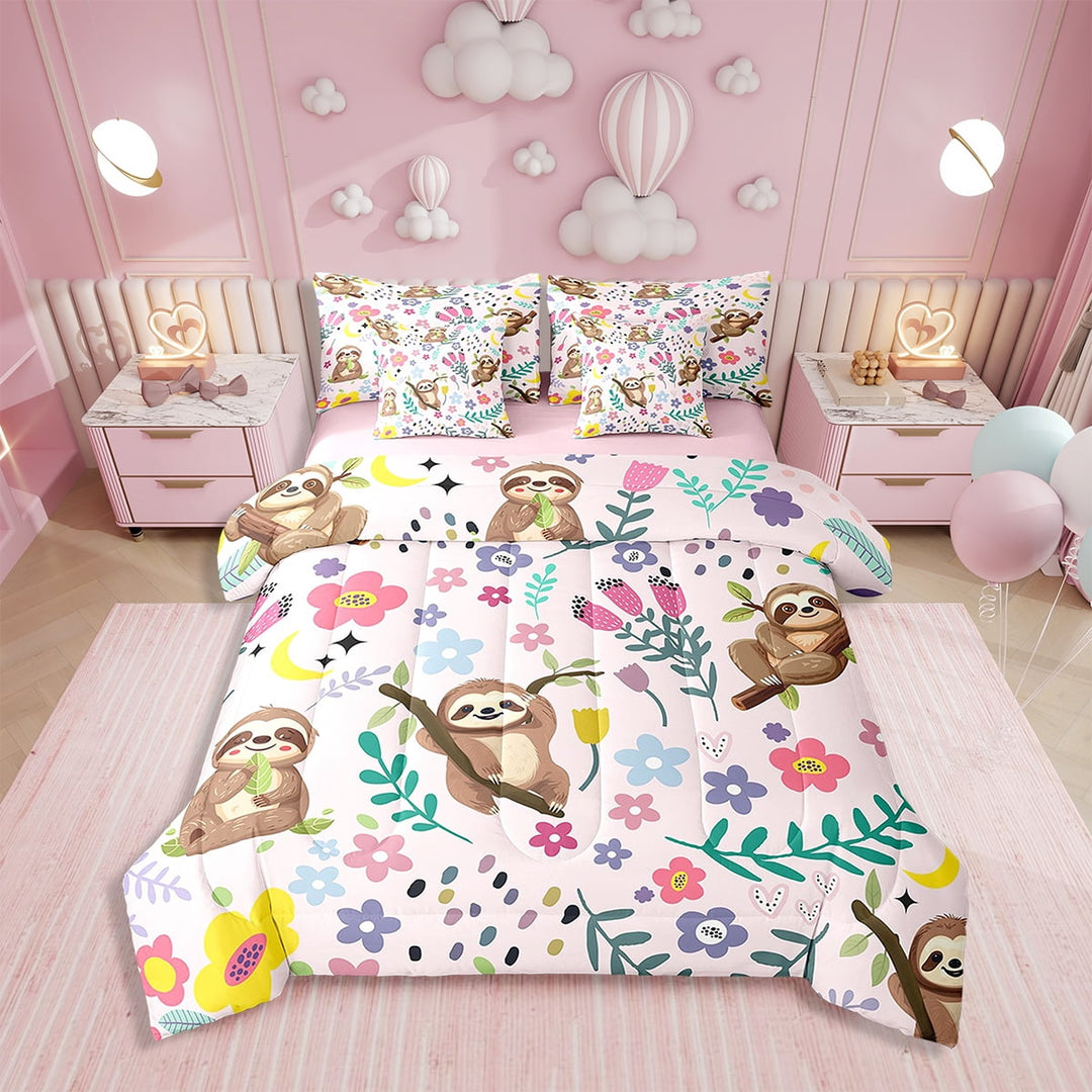 7 Pieces Bed in a Bag Twin Comforter Set with Sheets,Floral Sloth Design Bedding Sets for All Season (1 Comforter, 2 Pillow Shams, 1 Flat Sheet, 1 Fitted Sheet, 2 Pillowcases)