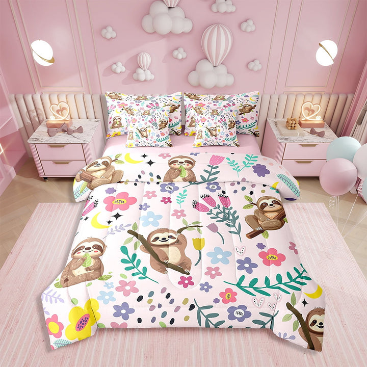7 Pieces Bed in a Bag Twin Comforter Set with Sheets,Floral Sloth Design Bedding Sets for All Season (1 Comforter, 2 Pillow Shams, 1 Flat Sheet, 1 Fitted Sheet, 2 Pillowcases)