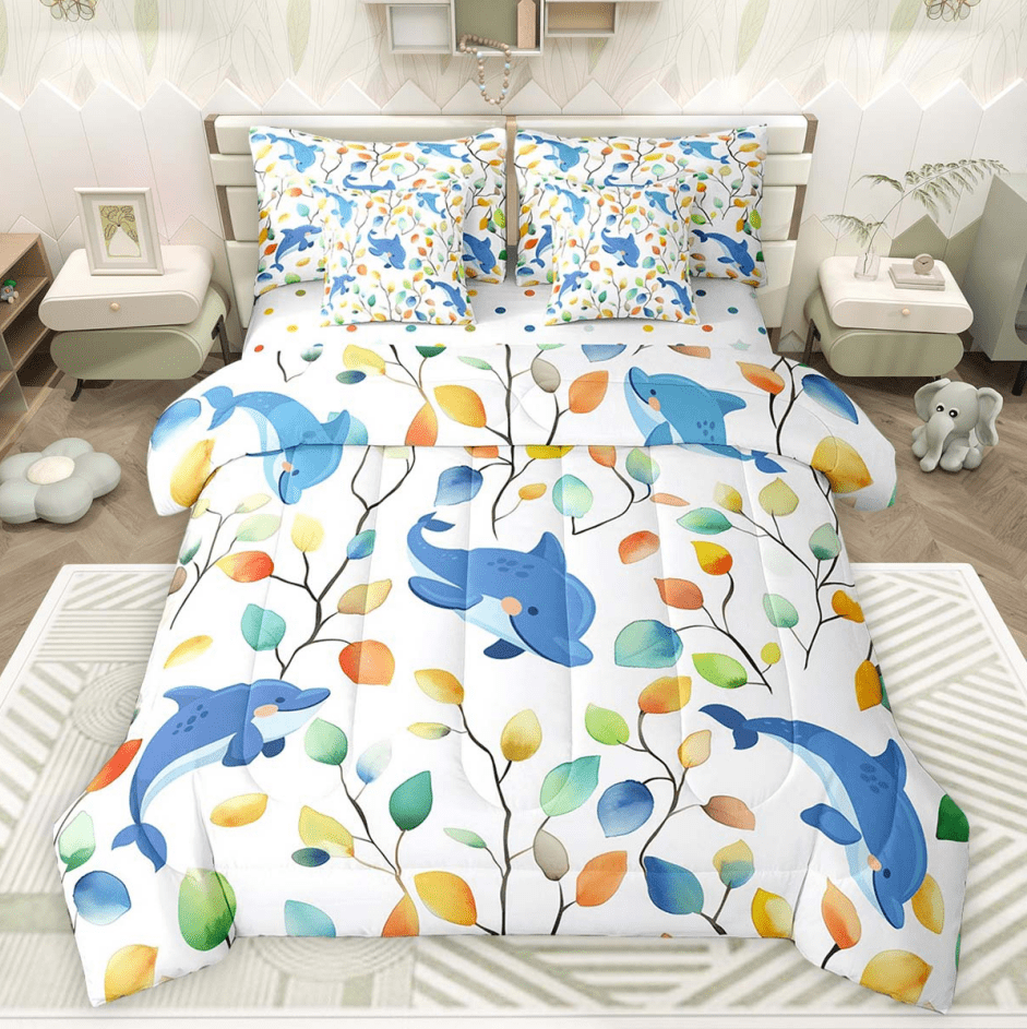 Erosebridal Kawaii Dolphin Twin Comforter Set 7pcs Chic Elegant Floral Bedding Comforter Sets, Sea Ocean Animal Bed in a Bag Watercolor Leaves Bedding Set, Tropical Plant Bed Sheets Set