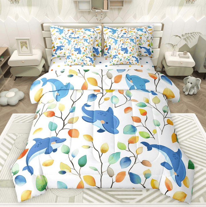 Erosebridal Kawaii Dolphin Twin Comforter Set 7pcs Chic Elegant Floral Bedding Comforter Sets, Sea Ocean Animal Bed in a Bag Watercolor Leaves Bedding Set, Tropical Plant Bed Sheets Set