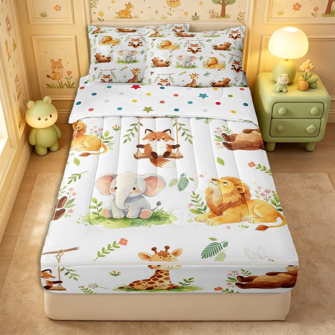 meiyoeat Watercolor Animal Giraffe Fox Bear Zipper Twin Comforter Sets with Fitted Sheet and 2 Pillowcases,Kawaii Lion Elephant Zipper Bedding Set,Brown Sage Cream,Reversible