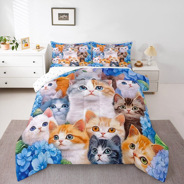 Cute Cat Comforter Cartoon Pet Cats Bedding Set Cute Kitten Print Comforter Set Cat Lover&