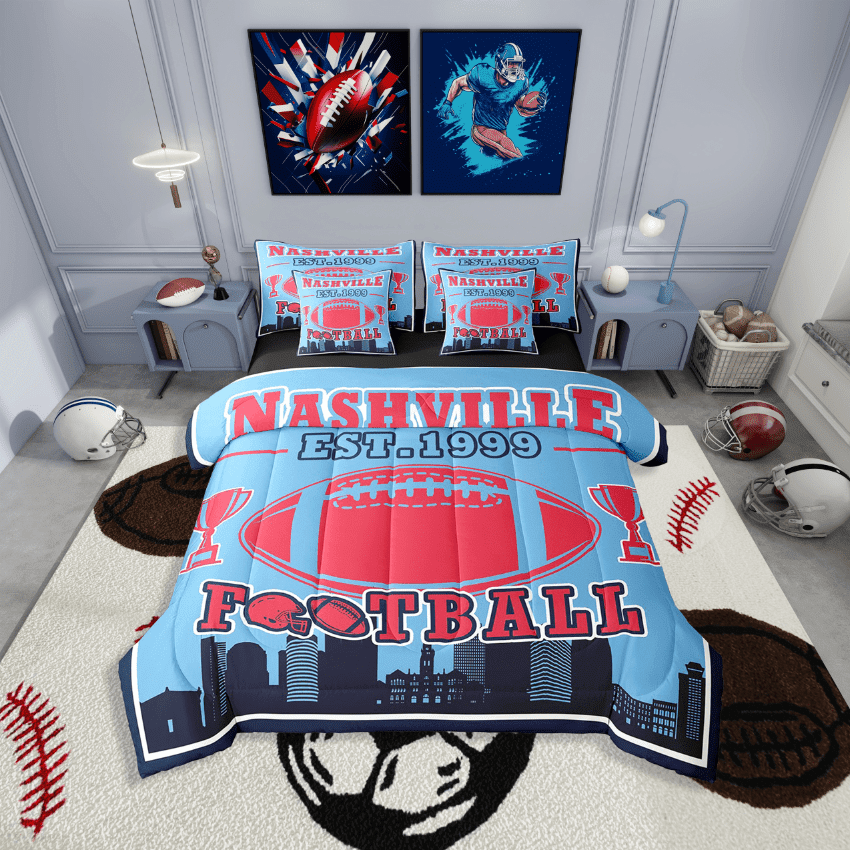 Erosebridal Sport Football Bedding Sets Twin Size,Ball Game Comforter Sets with Sheets,Rugby Room Decorative(Nashville),Reversible,Lightweight,7-Piece