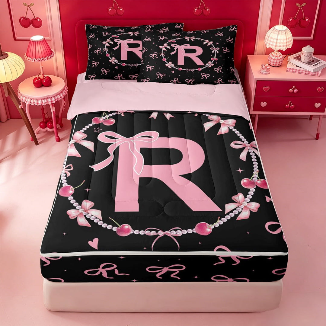 meiyoeat Pink Personalized Initial R Zipper Twin Comforter Sets with Fitted Sheet and 2 Pillowcases,Princess Bowknot Zipper Bedding Set For Girl,Pink Reversible,4-Piece