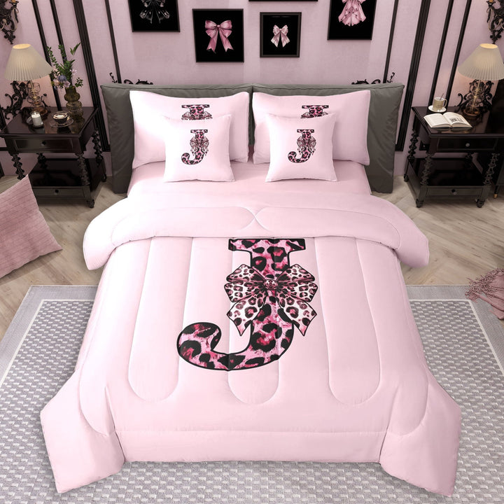 Erosebridal Cheetah Print J Personalized Initial Twin Bedding Sets 7-Piece For Teens,Girls Vintage Leopard Print Bowknot Bedding Comforter Set,Pink Reversible