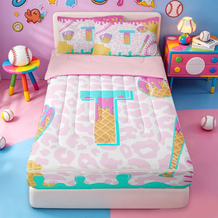 meiyoeat Cartoon Baseball Ice Cream Zipper Twin Comforter Sets with Fitted Sheet and 2 Pillowcases,Multicolor Drip Monogram T Alphabet Zipper Bedding Set For Kids,Pink Reversible,4-Piece