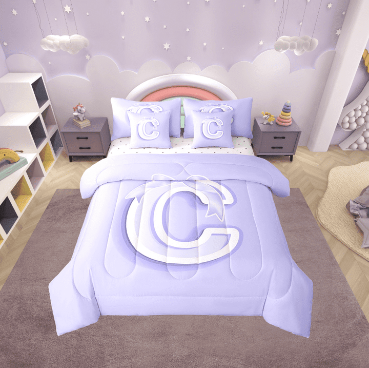 Erosebridal Initial C Letter Bedding Sets Twin Size, Princess Bow Comforter Sets with Sheets, Purple Monogrammed Reversible Bed Set, Microfiber Room Decor, 7pcs