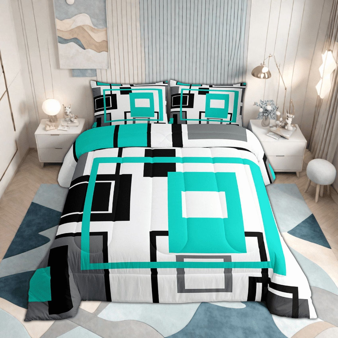 Erosebridal Turquoise Geometric Bed Comforter Sets Black White Teal Grey Bedding Sets King Size,Geometry Square Comforter Set Simple Abstract Stripes Quilt Duvet Modern Bedroom Decor 2 Pillow Cases