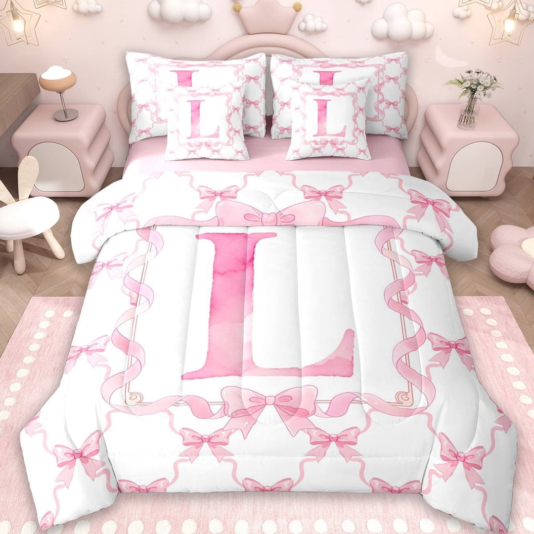 Erosebridal Cute Coquette Bowknot 7-Piece Twin Bedding Sets,Girls Pink L Alphabet Letter Bedding Comforter Set For Kids,Reversible pink