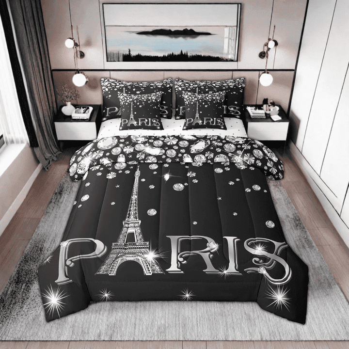 Eiffel Tower Comforter Set Full,Paris Bedding Set for Women,Black and White Romantic Tower 7 Piece(1 Comforter,2 Pillowcases,1 Flat Sheet,1 Fitted Sheet,2 Throw Pillow Covers)