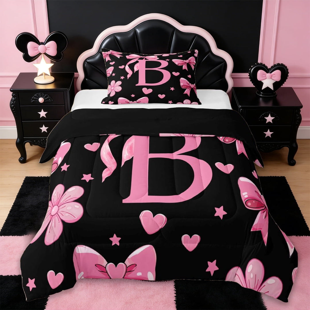 Erosebridal Cute Bowtie Letter B Twin Comforter Sets,Pink Bowknot Kawaii Loves Pattern Bedding Set For Girls Kids,Reversible black,2pcs