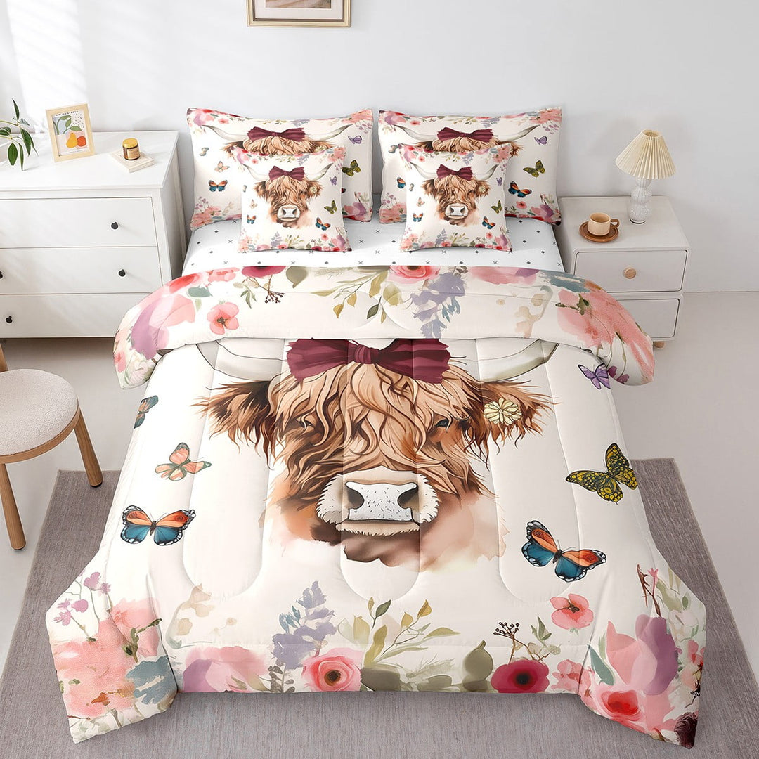 Highland Cow Twin Comforter Set,7 Pieces Soft Microfiber Garden Flowers Butterfly Comforters with Fitted Sheet,Flat Sheet,2 Pillow Shams,and 2 Pillowcases- Western Animals Farmhouse Bedding Sets