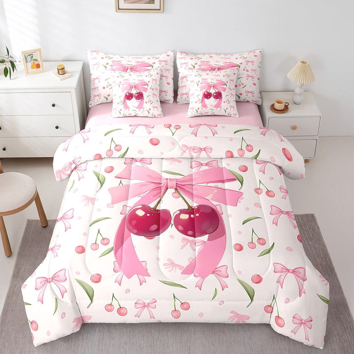 Erosebridal Cherry Bow Bedding Sets Twin Size,Dreamy Princess Comforter Sets with Sheets,Pink Green Bed in a Bag Twin size,Microfiber Kawaii Room Decoration,Reversible,7pcs