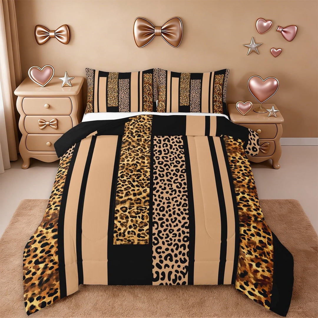 Erosebridal Girls Woman Leopard Full Size Comforter Sets,Wild Animal Cheetah Print Bedding Sets For Kids,Reversible Black,3 Pieces
