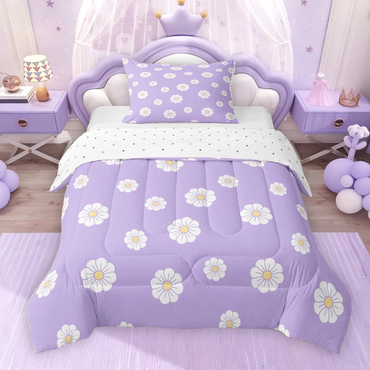 Erosebridal Chic Daisy Flower Twin Comforter Sets for Girls, Purple Bedding Set, Reversible 2 Pieces, 1 Comforter and 1 Pillowcase