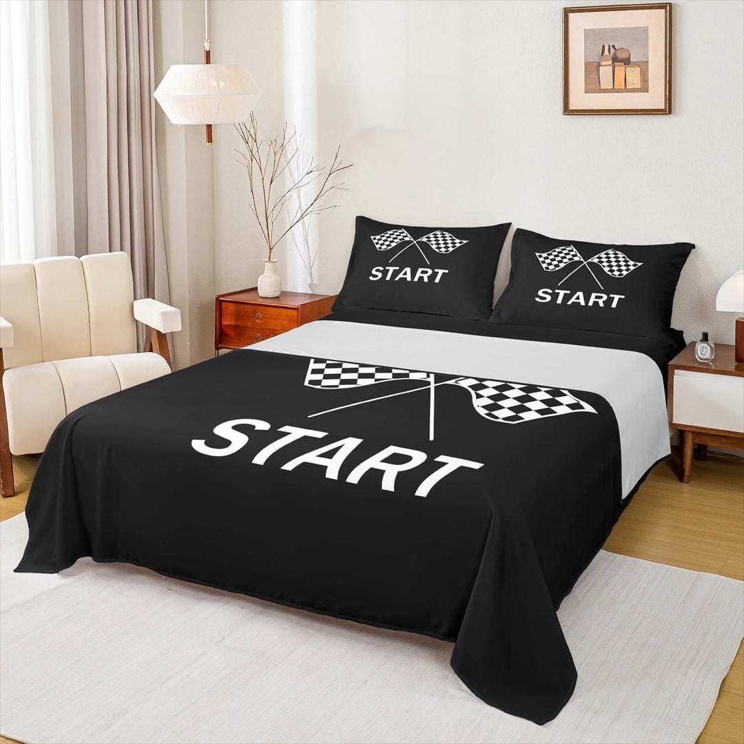 jejeloiu Racing Flag Bed Sheets,Sport Car King Sheets,Black White Sheet Set For Boys Kids,Lightweight Room Decor,4-Piece
