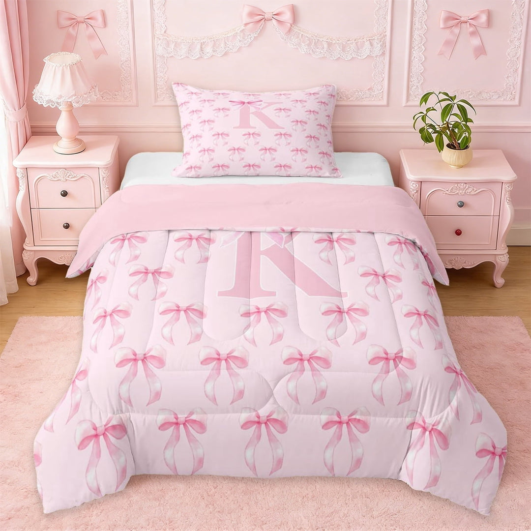 Erosebridal Girls Bowknot Personalized Gifts Twin Comforter Sets,Pink Initial Letter K Themed Print Bedding Set For Kids,Pink Reversible,2-Piece