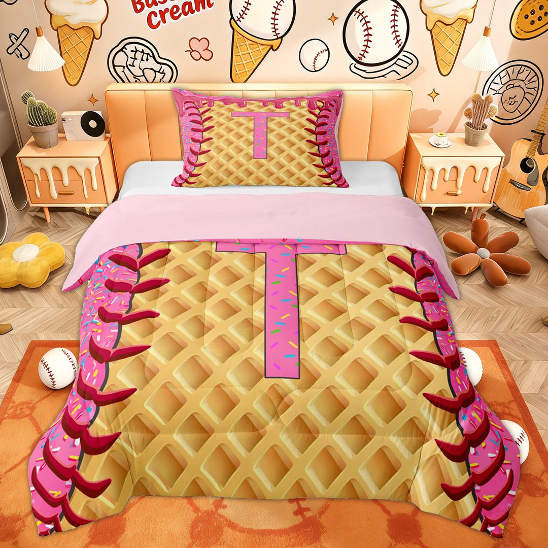Erosebridal Baseball Ice Cream T Letter Twin Comforter Sets, Pink Cute Dount Initial Bedding Set, 2pcs