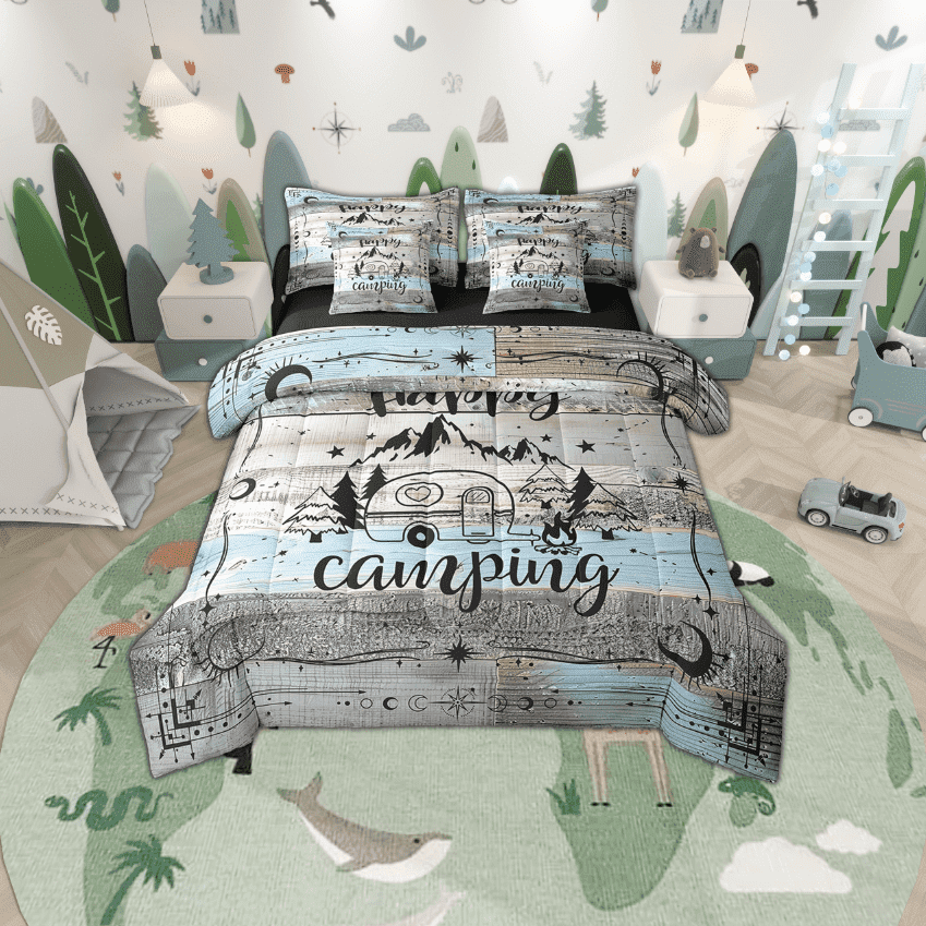 YST Rustic Camper Comforter Set 7 Piece Queen Camping Bunk Bed In A Bag Boho Moon Stars Rv Camper Decor Bedding Set For Travel Trailers,Camping Car Inside Accessories Bed Set Blue Grey