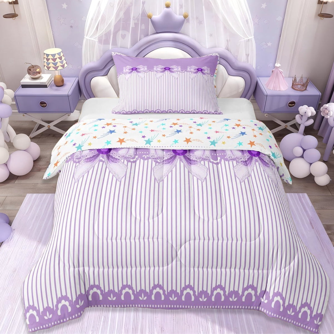 Erosebridal Cartoon Cute Bows Twin Comforter Sets For Girls,Dreamy Princess Bowknot Bedding Set, Reversible 2-Piece