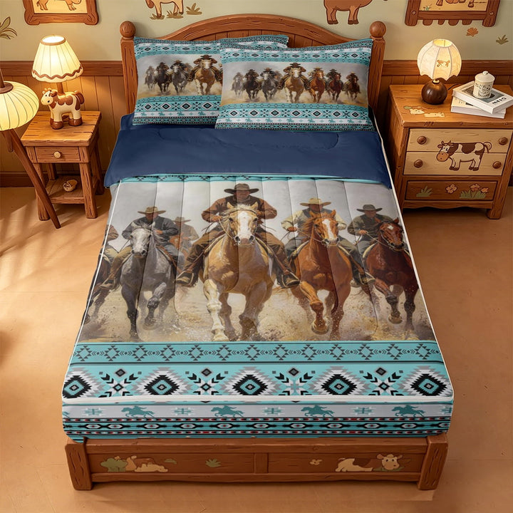 meiyoeat Cowboy Horse Aztec Border Print Zipper Twin Comforter Sets with Fitted Sheet and 2 Pillowcases For Boys,Western Farm Pattern Zipper Bedding Set,Reversible,4-Piece