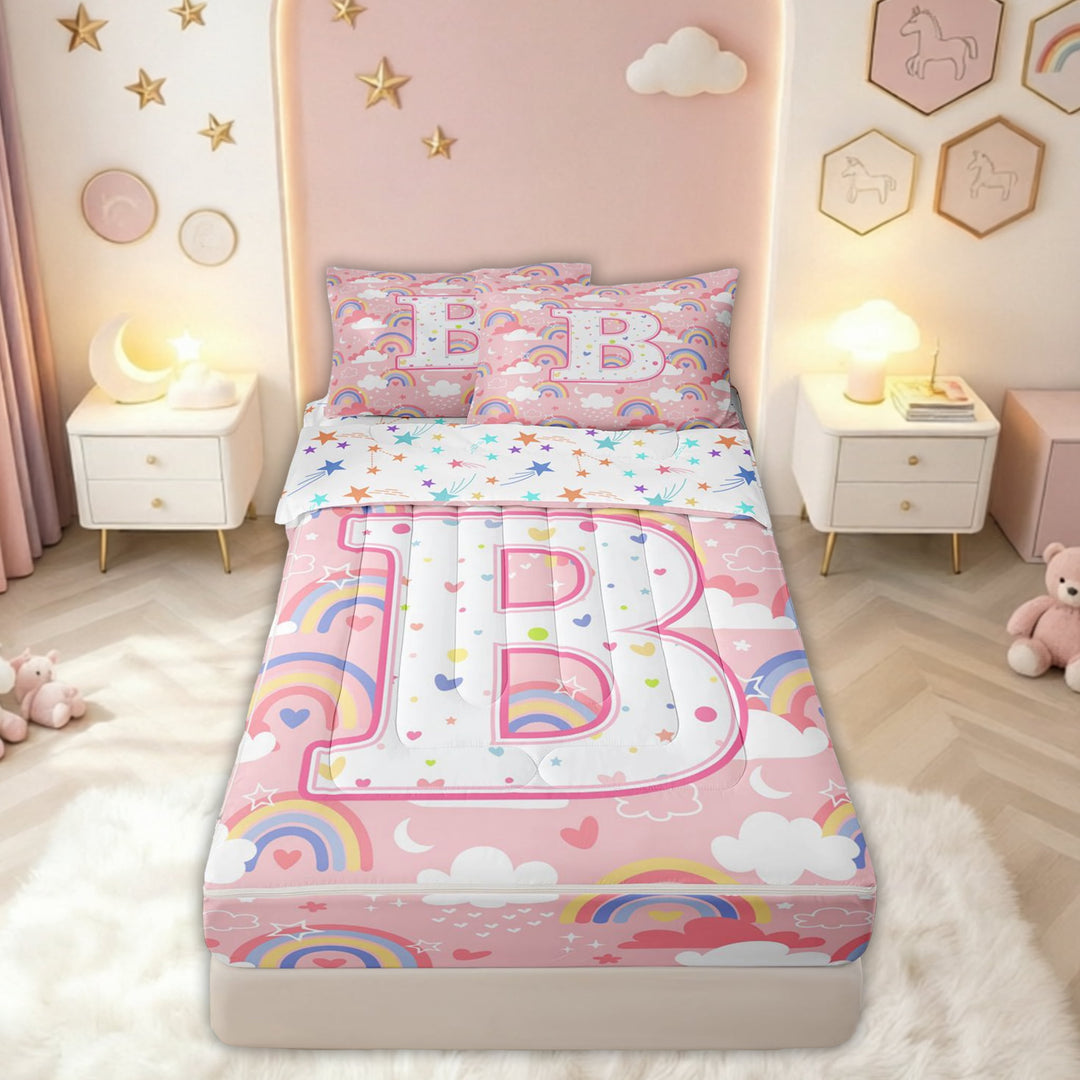 meiyoeat Rainbow B Initial Zipper Comforter Set with Fitted Sheet and 2 Pillowcases for Girls Kids, Galaxy Stars Cloud Zipper Bedding Set, Pink Multicolor, Colorful Star Reversible, 3 Pieces