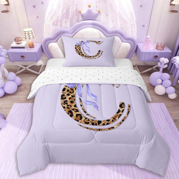 Erosebridal Cheetah Print Personalized C Initial Twin Comforter Sets 3-Piece,Kawaii Ribbon Bowtie Bedding Set For Teens Girls,Ultra Soft Home Decor