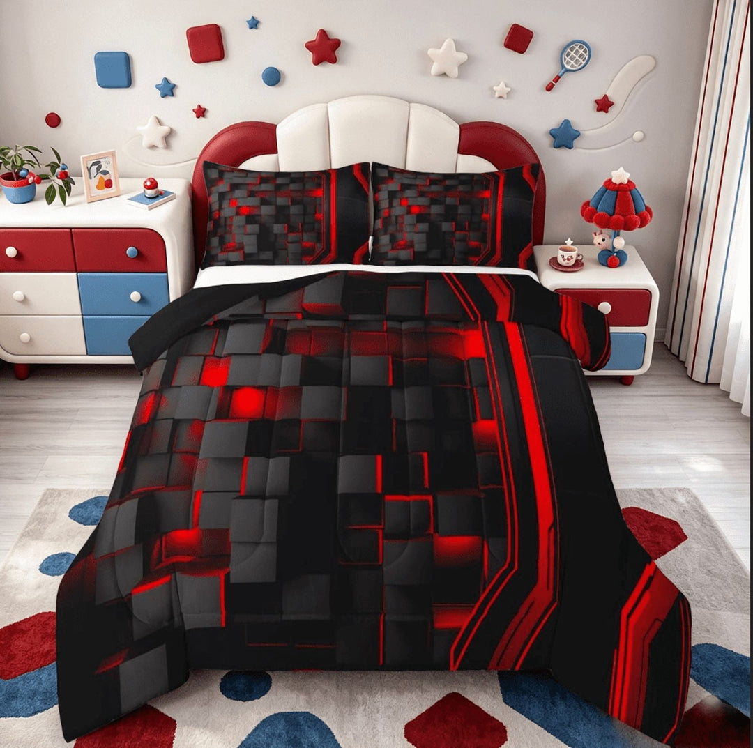 Erosebridal Red Black Grid Bedding Sets Twin with Comforter,Modern Geometric Duvet Insert,Neon Plaid Comforter Sets Twin Size For Teens,Ultra Soft Room Decoration Reversible,2 Pieces