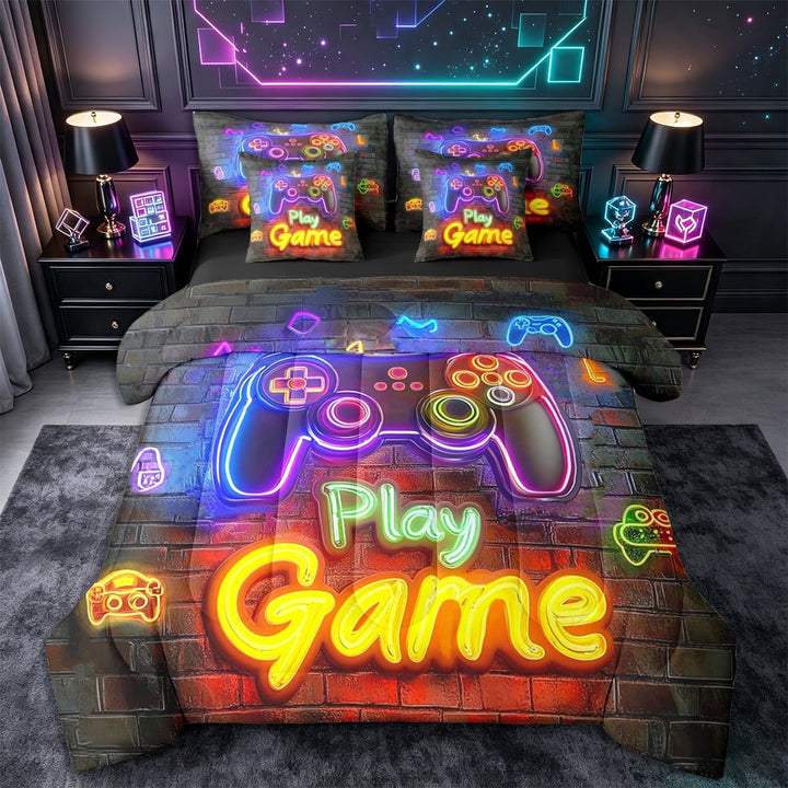 Erosebridal Gamer Gaming Full 7 Pcs Bedding Sets,Retro Neon Gaming Bed In A Bag,Teen Video Game Gaming Comforter Set for Boys,Space Game Play Gamepad Bed Set Game Room Decor Sheet Set