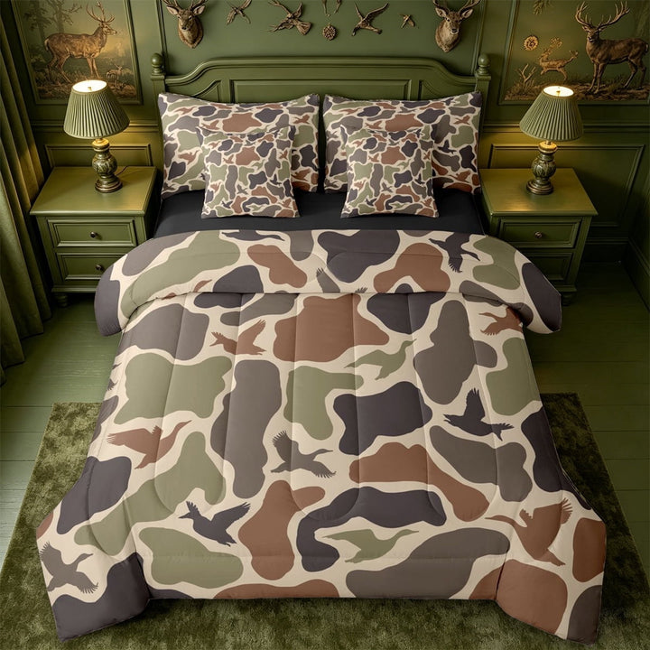 meiyoeat Classic Camo Mallard 7-Piece King Bedding For Adults,Vintage Camouflage Print King Bed in a Bag For Boys, Earth Tone,Black Reversible