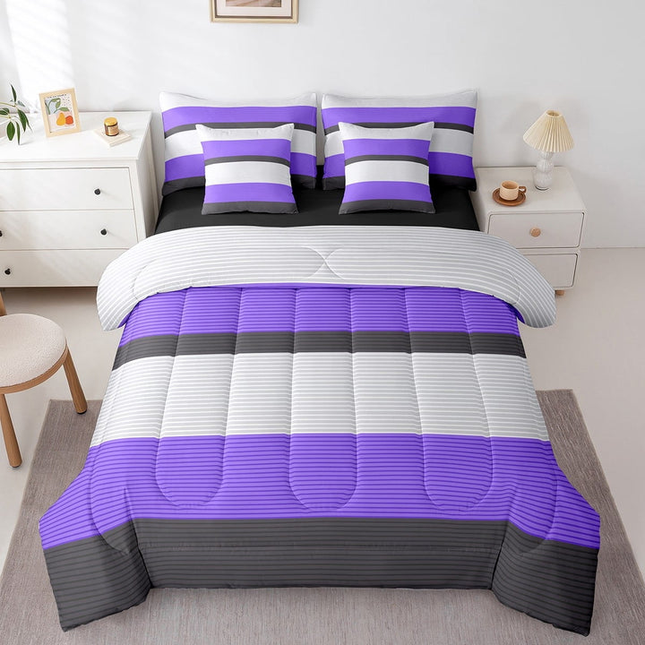 Erosebridal Geometric Stripes Bedding Sets Twin Size,Grey Purple Comforter Sets with Sheets,Abstract Artwork Bed in a Bag Twin size,Breathable Lines Room Decoration,Reversible,7pcs