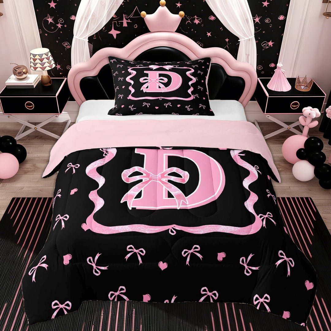 Erosebridal Kid Monogrammed D Twin Comforter Sets, Princess Bowknot Bedding Set, Black Pink, 2pcs