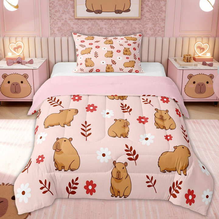 Erosebridal Capybara Kids Twin Comforter Sets, Cartoon Flower Leaf Bedding Set, 2-Piece, Pink Reversible