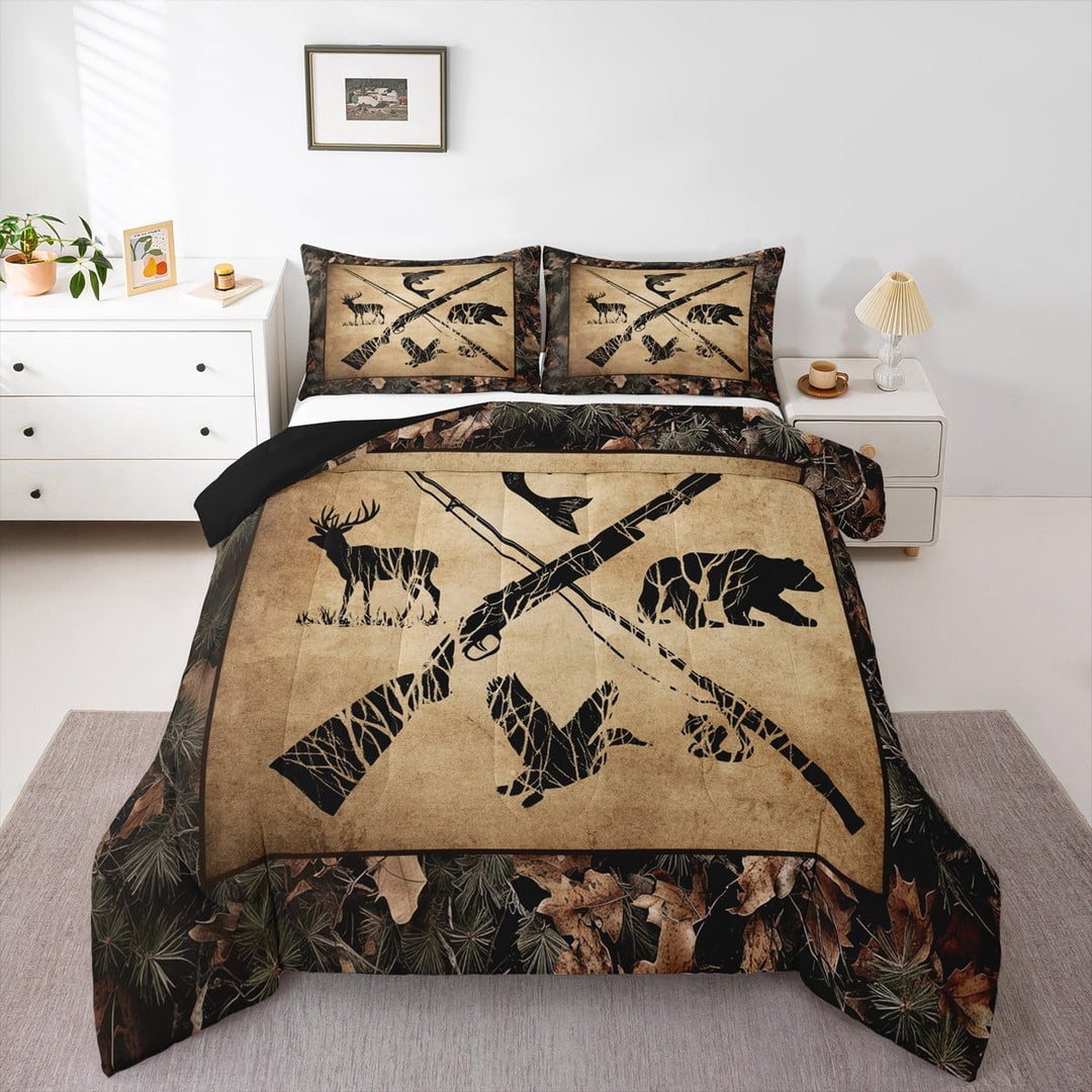 Hunting And Fishing Comforter Set Queen Tree Branch Camo Bedding Set Teen Men,Woodland Wildlife Bass Fish Duck Bear Deer Bed Comforter Set Rustic Farmhouse Cabin Quilt Set