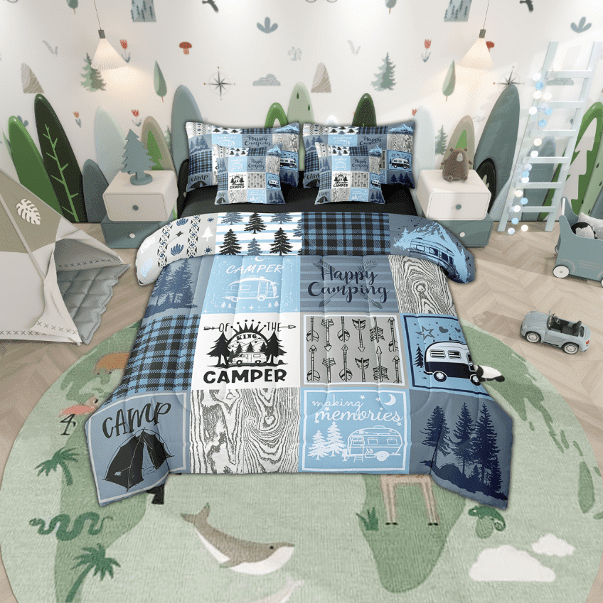 Camper Comforter Set 7 Piece King Happy Camping Bed In A Bag Rv Bunk Accessories Bedding For Travel Trailers,Blue Grey Rustic Buffalo Plaid Arrow Pine Tree Bed Set