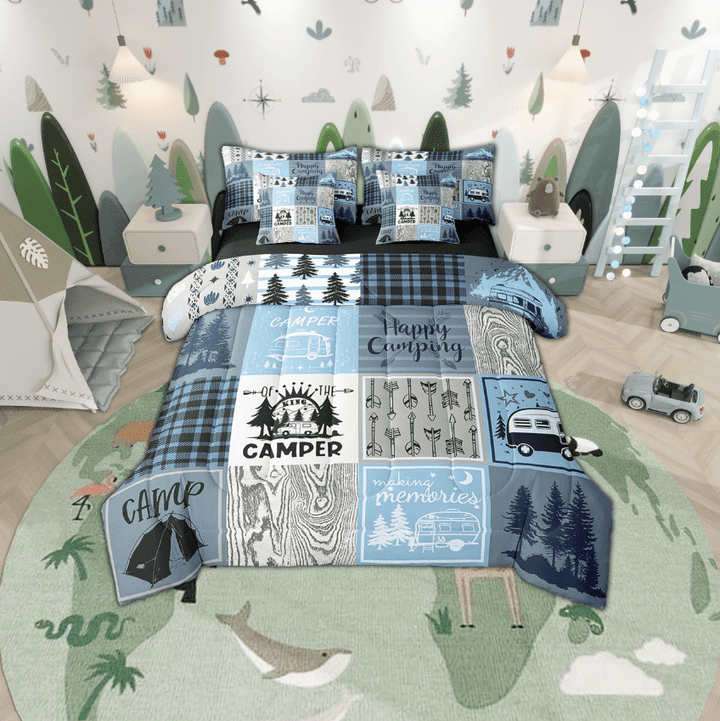 Camper Comforter Set 7 Piece King Happy Camping Bed In A Bag Rv Bunk Accessories Bedding For Travel Trailers,Blue Grey Rustic Buffalo Plaid Arrow Pine Tree Bed Set