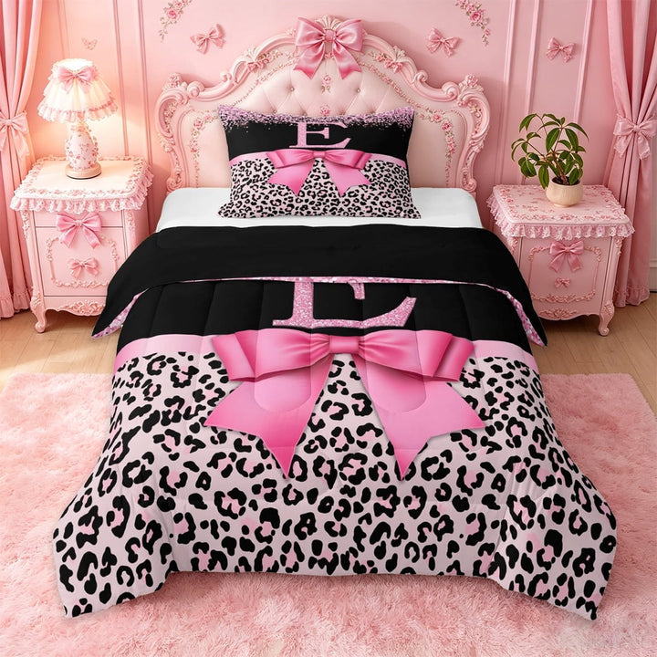 Erosebridal Cheetah Letter E Monogram Twin Comforter Sets,Chic Leopard Printed Bedding Set For Girls Kids,Black Reversible,2pcs