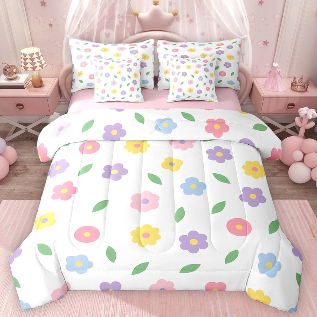 Erosebridal Rainbow Groovy Flower Twin Bedding Sets, Chic Floral Bedding Comforter Set for Girls, Pink Reversible, 7 Pieces