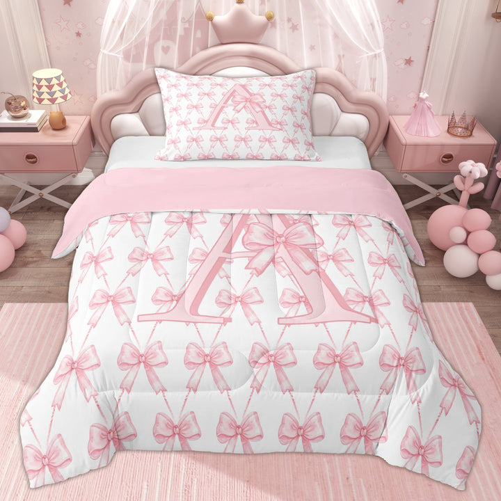 Erosebridal Princess Bow Letter Twin Comforter Sets for Kid, Monogrammed A Bedding Set, 2-Piece