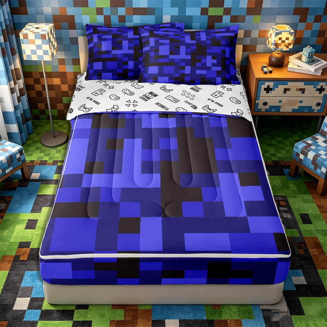 Meiyoeat Pixel Camo Pattern Zipper Full Size Comforter Sets with Fitted Sheet and 2 Pillowcases for Teens, Mosaic Block Print Zipper Bedding Set, Multi Blue Black,4pcs
