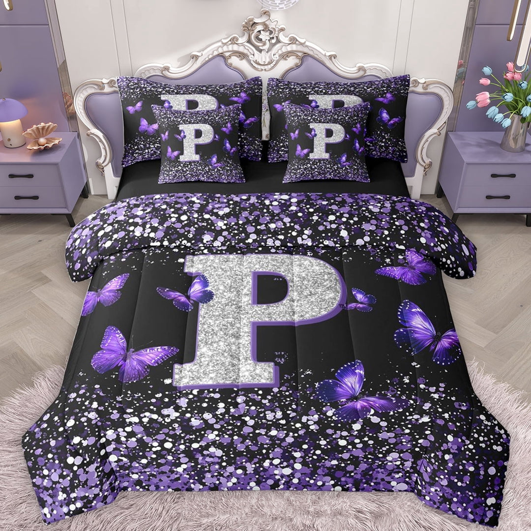 Feelyou Fashion Monogrammed P Twin Bedding Sets 7-Piece, Bling Butterfly Animal Bedding Comforter Set, Black Purple Sequin Print Reversible Sheet Sets, Ultra Soft Bedroom Decor