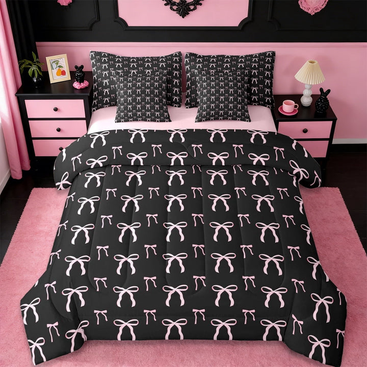 Erosebridal Pink Bowknot 7-Piece Twin Bedding Sets For Girls,Cute Bows Kawaii Stars Bedding Comforter Set,Pink Black,Reversible
