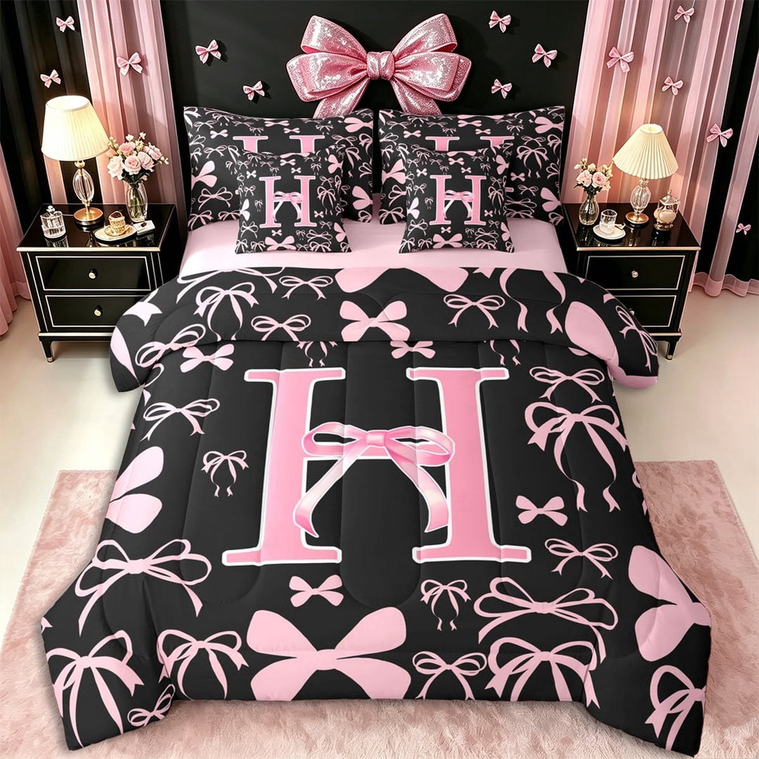 Erosebridal Pink Personalized Initial H Twin Bedding Sets 7-Piece,Cartoon Dreamy Bow Knot Bedding Comforter Set,Pink Reversible,Microfiber Bedroom Decor