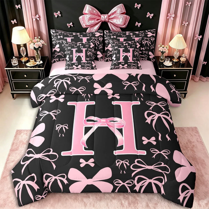 Erosebridal Pink Personalized Initial H Twin Bedding Sets 7-Piece,Cartoon Dreamy Bow Knot Bedding Comforter Set,Pink Reversible,Microfiber Bedroom Decor