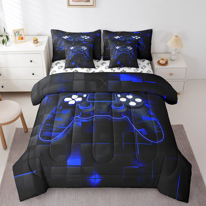Erosebridal Gaming Twin 7 Piece Bed in a Bag Teens Game Bedding Set,Gamer Comforter Set Game Bedroom Decor,Glowing Neon Gamepad Fitted Sheet Geometric Reversible Top Sheet,Royal Blue